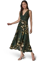 Donna Karan New York Women's Sleeveless Printed Chiffon Surplice Neck Dress