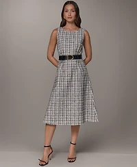 Donna Karan New York Women's Sleeveless Plaid Tweed Belted A-Line Dress