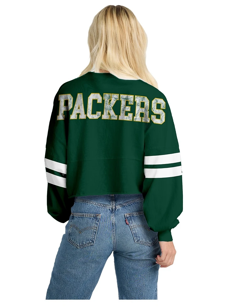 Spirit Jersey Women's Green Bay Packers Oversized Cropped Stripe Long Sleeve T-Shirt