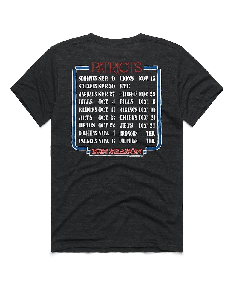 Homage Men's and Women's Charcoal New England Patriots 2026 Nfl Schedule Queen Tri-Blend T-Shirt