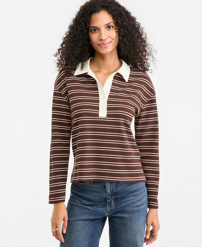 On 34th Women's Stripe Pique Long-Sleeve Polo Shirt, Macy's Exclusive