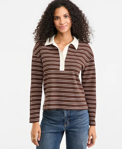 On 34th Women's Stripe Pique Long-Sleeve Polo Shirt, Macy's Exclusive