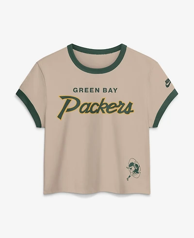 Nike Women's Cream Green Bay Packers Rewind Ringer Mod Cropped T-Shirt