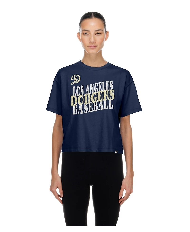 New Era Women's Navy Los Angeles Dodgers City Connect Glitter Gel Cropped T-Shirt