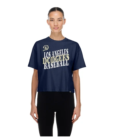 New Era Women's Navy Los Angeles Dodgers City Connect Glitter Gel Cropped T-Shirt