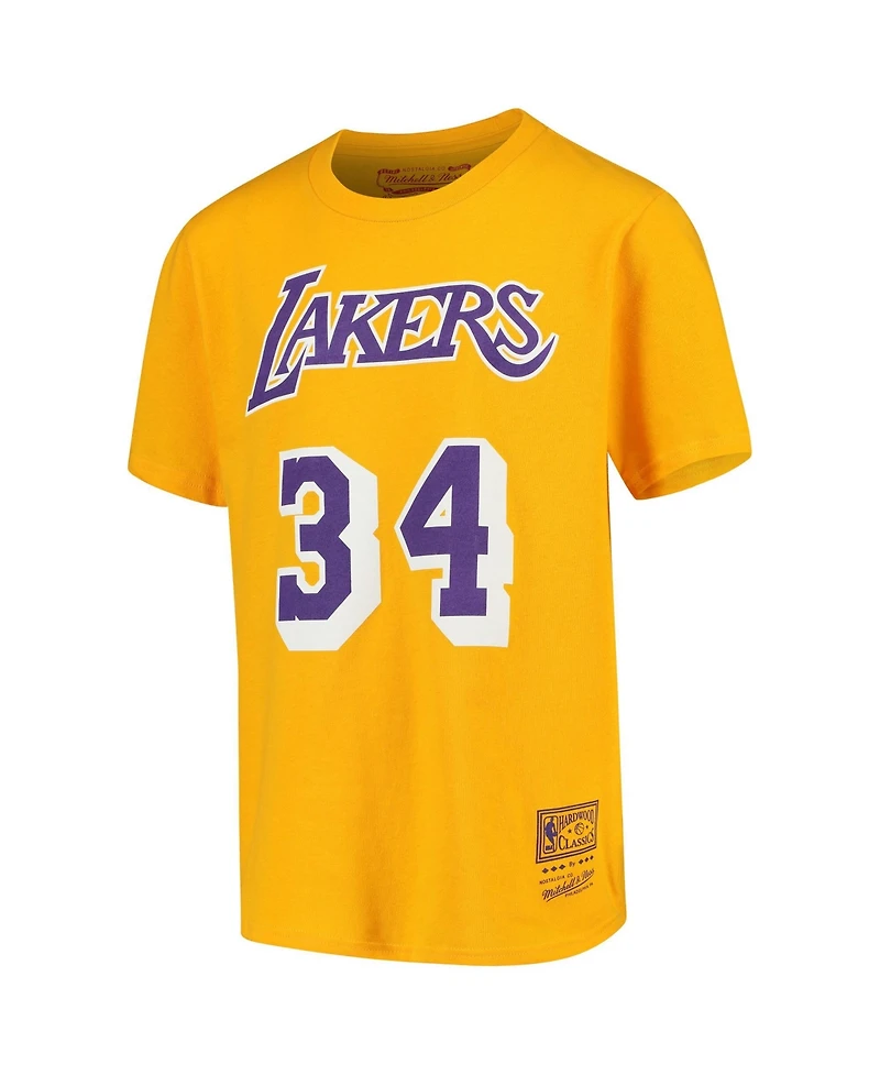 Mitchell & Ness Big Boys and Girls Shaquille O'Neal Gold Los Angeles Lakers Hardwood Classics Name Number T-Shirt