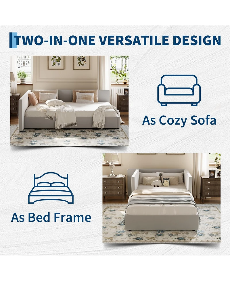 gaomon Twin Velvet Daybed with Extended Headboard, Guardrails, Upholstered Sofa Bed, Adjustable