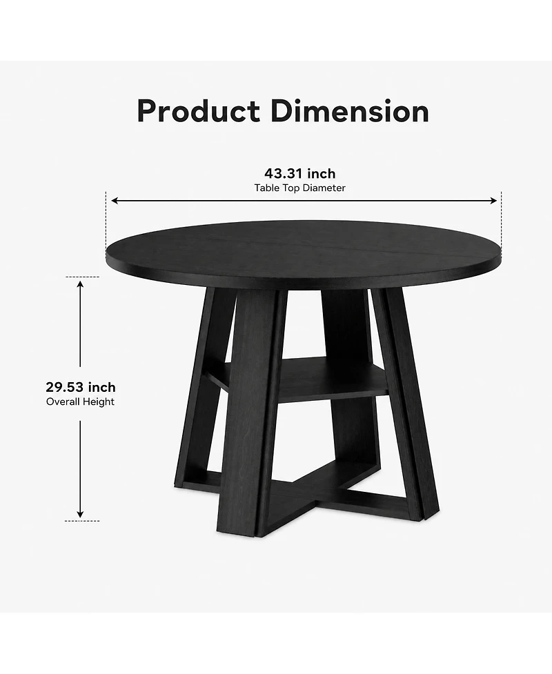 gaomon 43" Round Modern Farmhouse Dining Table for 2-4, Circular Kitchen with Pedestal Base and Storage Shelf, Compact Room