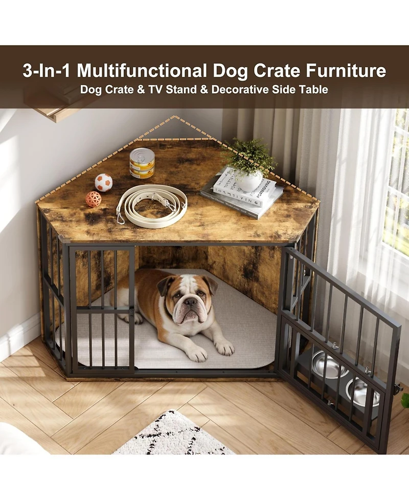 gaomon Corner Dog Crate Furniture, Wooden Dog Kennel Indoor with Feeding Bowls and Revolving Door, Decorative Dog Crate End Table