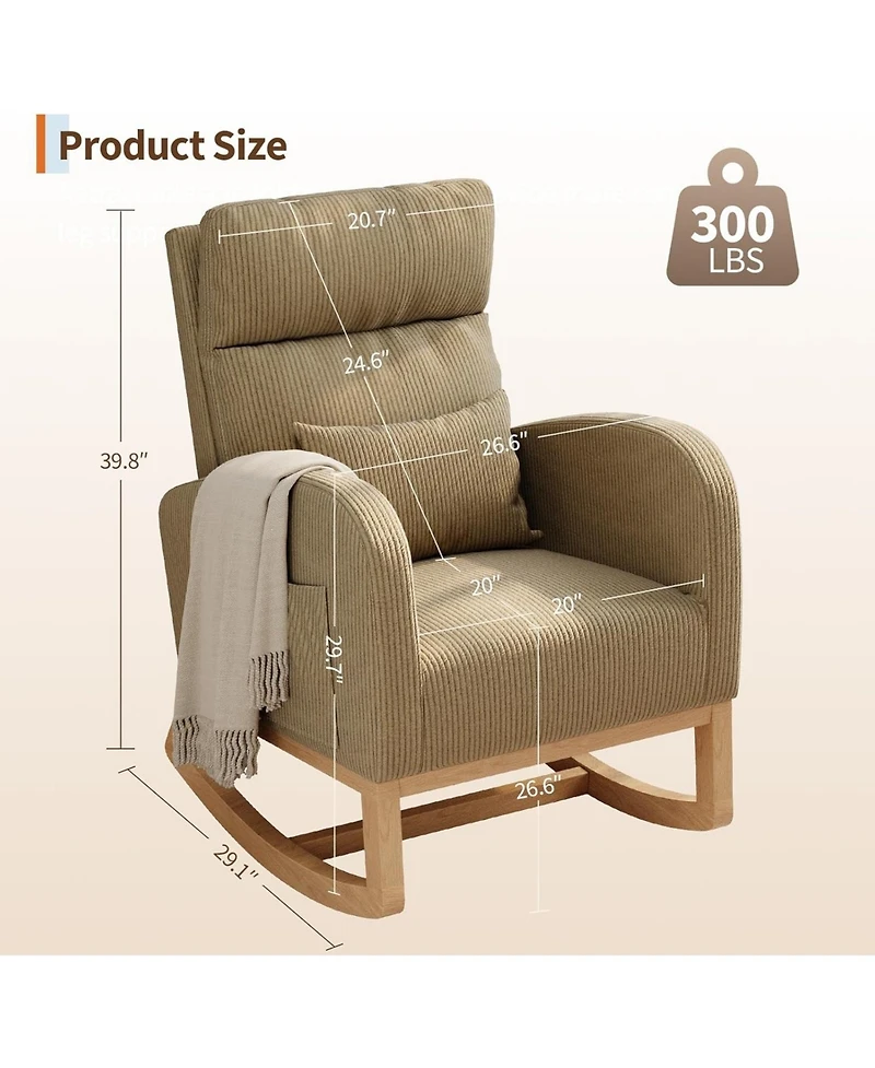 gaomon Corduroy Rocking Chair, Modern Nursery Glider Chair with Side Pockets and Pillow, Rocker Chair for Living Room Bedroom Nursing Room