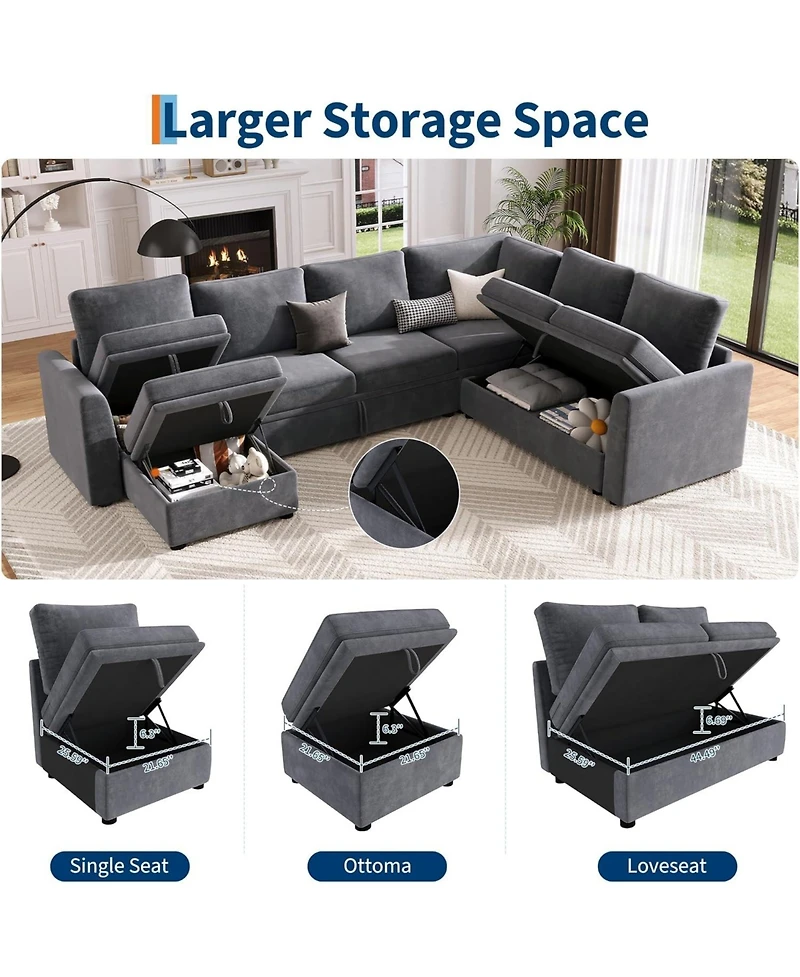 gaomon Chenille Fabric Sectional Couches with Pull-Out Bed and Large Storage for Living Room, Sturdy Wooden Frame Tool-Free Assembly