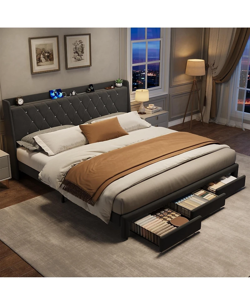 gaomon Velvet Upholstered Platform Bed Frame with Crystal Tufted Headboard, 2 Storage Drawers, Built-in Charging Station, Wood Slat Support