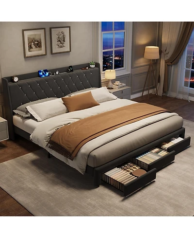 gaomon Velvet Upholstered Platform Bed Frame with Crystal Tufted Headboard, 2 Storage Drawers, Built-in Charging Station, Wood Slat Support