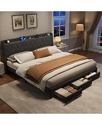gaomon Velvet Upholstered Platform Bed Frame with Crystal Tufted Headboard, 2 Storage Drawers, Built-in Charging Station, Wood Slat Support