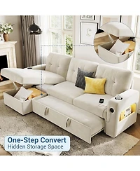 gaomon 84 Inch Sleeper Sofa Couch for Living Room, L-Shaped Sofa, Convertible Pull Out Sofa Bed with Storage, Charging Station, Led Lights