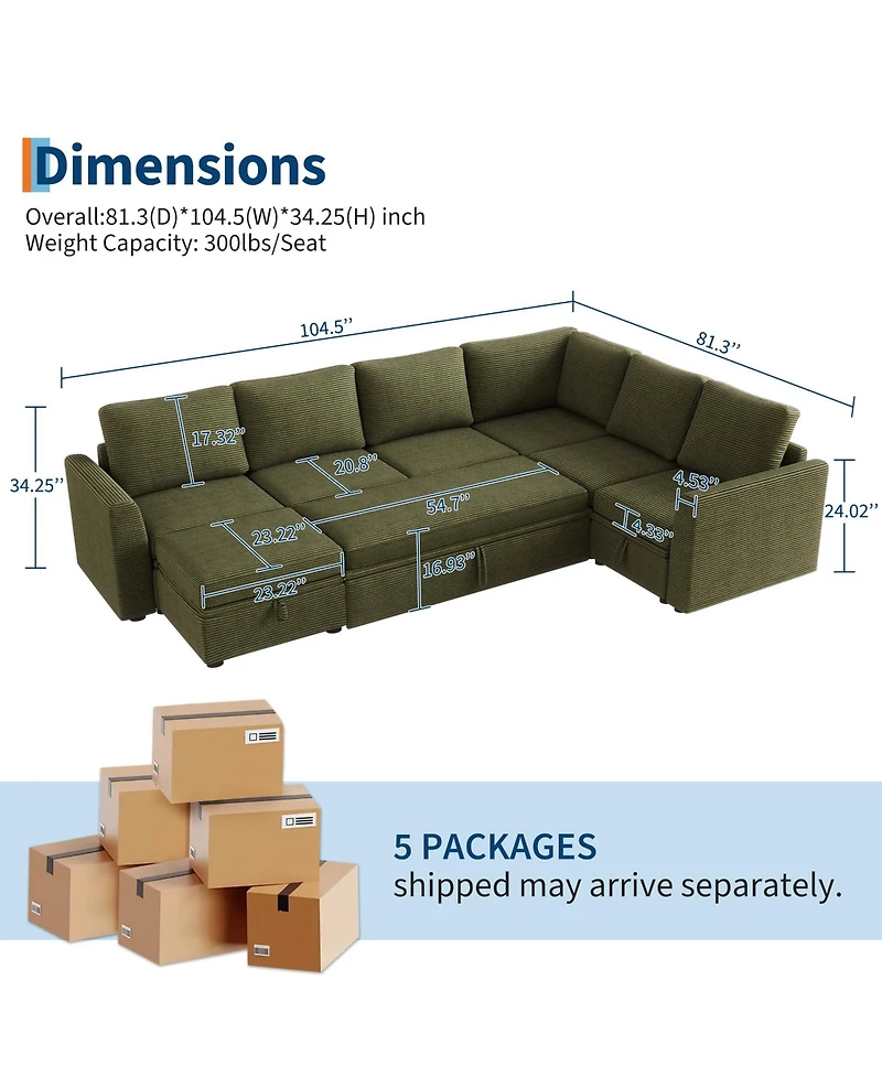 gaomon U-Shaped Corduroy Sectional Sleeper Sofa for Living Room – 7-Seater Modular Couch with Pull-Out Bed – Storage Ottoman