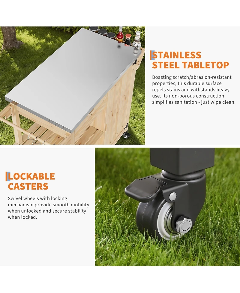 gaomon Portable Outdoor Grill Cart Kitchen Island Stainless Steel Top, Storage Cabinet, Drawer, Spice Rack, Open Shelves Rolling Bbq Prep Table
