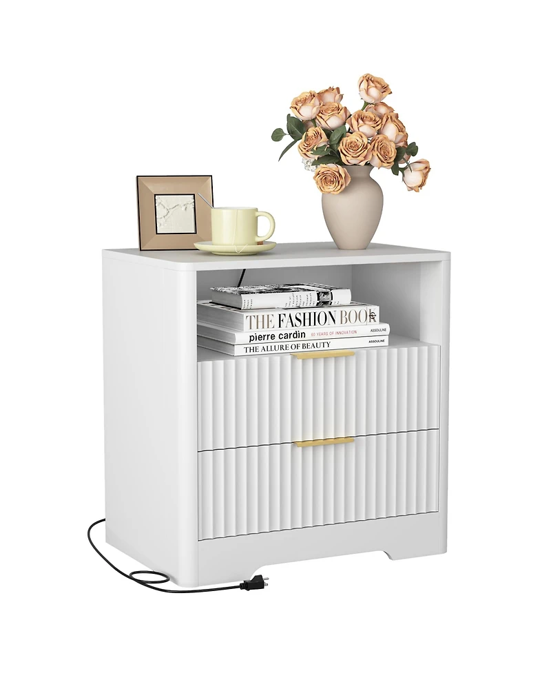 Clihome Modern Bedside Tables with Storage Cabinet, Nightstand Night Light and Charging Station