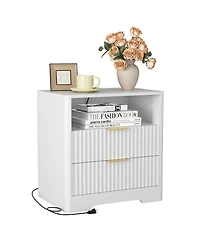 Clihome Modern Bedside Tables with Storage Cabinet, Nightstand Night Light and Charging Station
