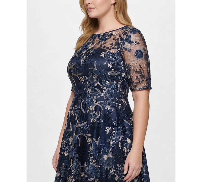 Eliza J Plus Embroidered Lace Boat Neck Midi Dress