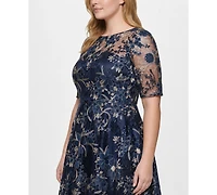 Eliza J Plus Embroidered Lace Boat Neck Midi Dress