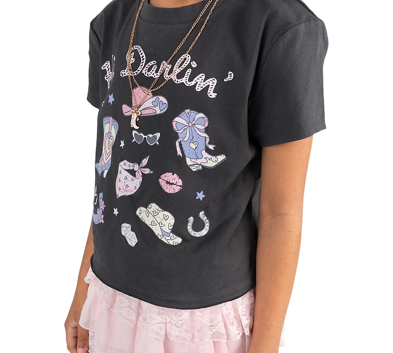 Tween Diva Girls' 7-12 Western Graphic T-Shirt, Mixed Media Tiered Skort and Necklace, 3-Piece Set