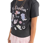 Tween Diva Girls' 7-12 Western Graphic T-Shirt, Mixed Media Tiered Skort and Necklace, 3-Piece Set