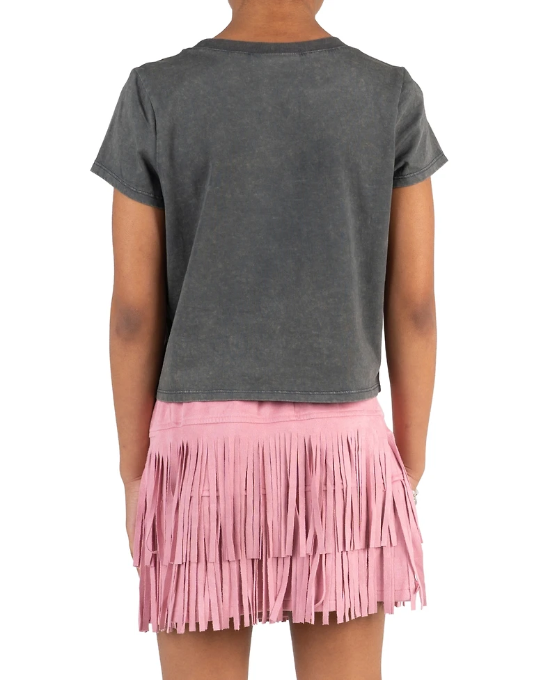 Tween Diva Girls' 7-12 Acid Wash Graphic T-Shirt, Faux Suede Fringe Skirt and Bracelet, 3-Piece Set