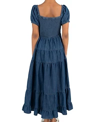 Rare Editions Girls' 7-14 Chambray Puff Sleeve Tiered Midi Dress with Keychain