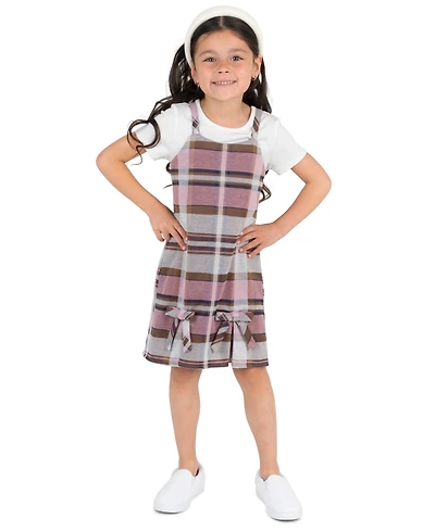 Rare Editions Girls' 2T-6X Rib Knit T-Shirt and Plaid Pleated Jumper, 2-Piece Set