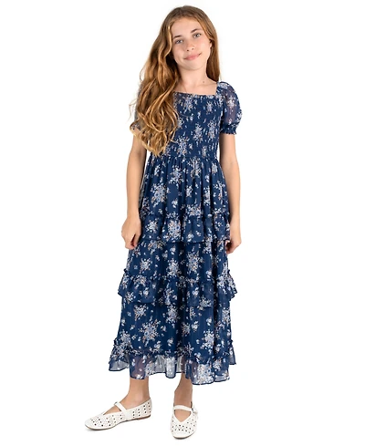 Rare Editions Girls' 7-16 Printed Lurex Chiffon Puff Sleeve Tiered Midi Dress