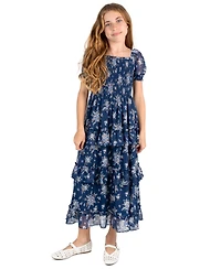 Rare Editions Girls' 7-16 Printed Lurex Chiffon Puff Sleeve Tiered Midi Dress