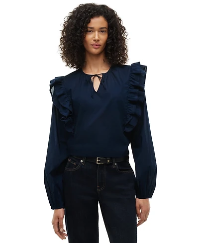 Tommy Hilfiger Women's Frill Detail Long-Sleeve Tie-Neck Top