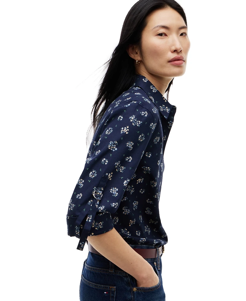 Tommy Hilfiger Women's Cropped Printed Roll-Tab Sleeve Shirt