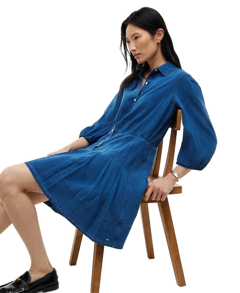 Tommy Hilfiger Women's Chambray Puff-Sleeve Polo Collar Dress