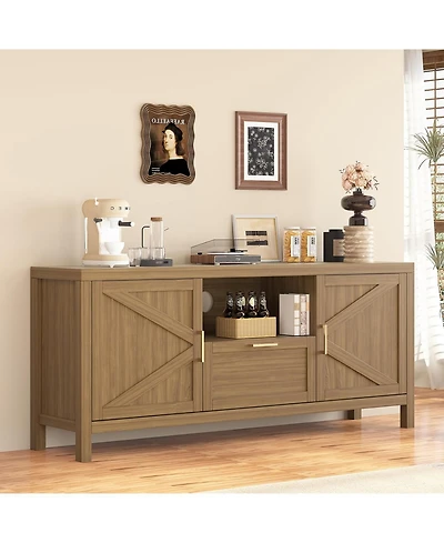 gaomon 59 Inch Farmhouse Tv Stand, Wooden Media Console with Cabinets, Drawer and Open Shelf