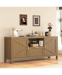 gaomon 59 Inch Farmhouse Tv Stand, Wooden Media Console with Cabinets, Drawer and Open Shelf