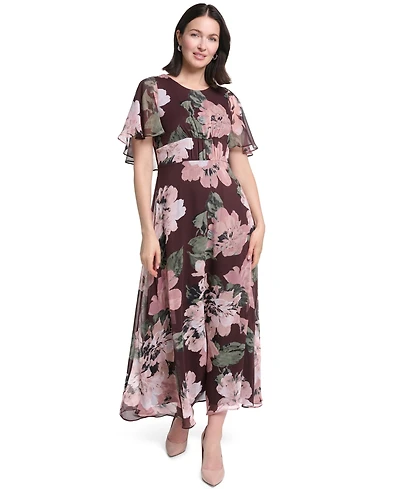Calvin Klein Women's Flutter-Sleeve Floral Chiffon Fit & Flare Dress