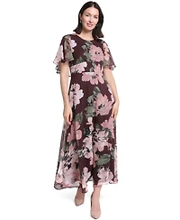 Calvin Klein Women's Flutter-Sleeve Floral Chiffon Fit & Flare Dress