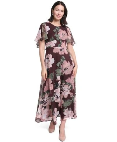 Calvin Klein Womens Flutter Sleeve Floral Chiffon Fit Flare Dress