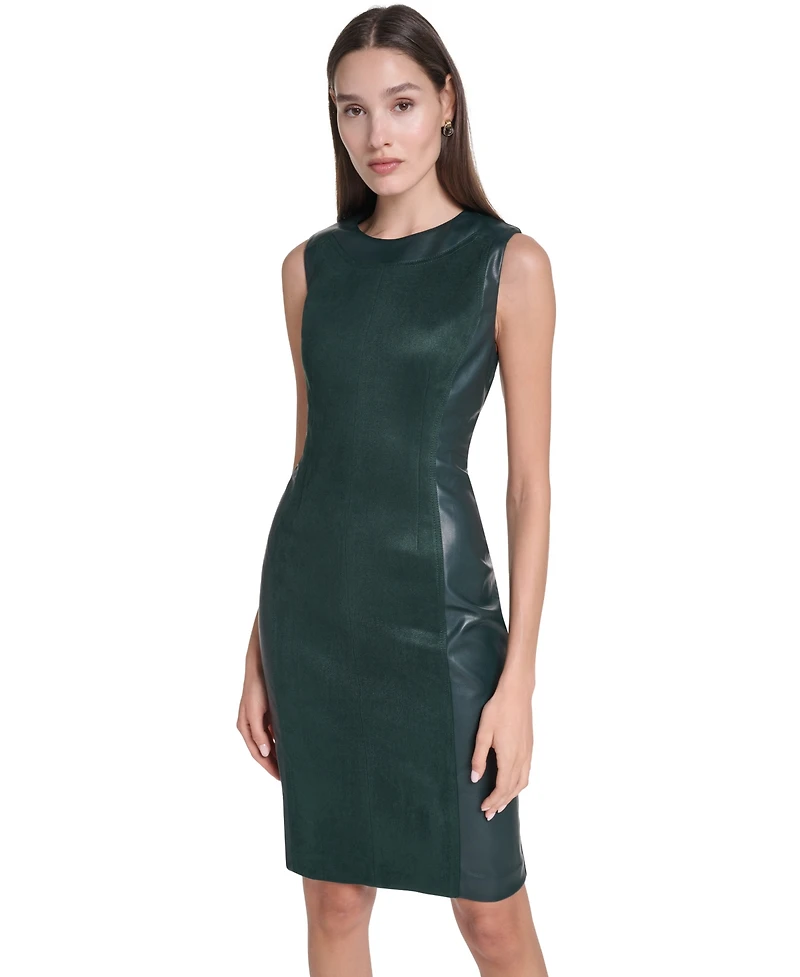 Calvin Klein Women's Sleeveless Suede & Faux Leather Panel Sheath Dress
