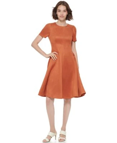 Calvin Klein Womens Short Sleeve Suede Fit Flare Dress