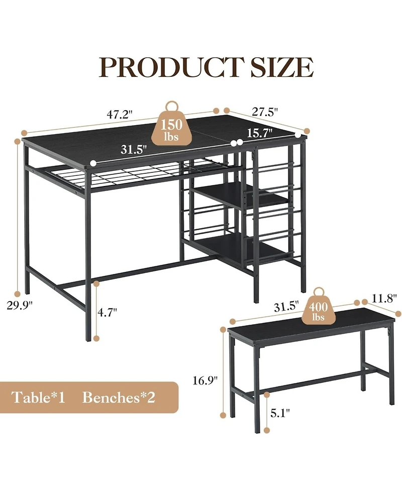 gaomon Dining Table Set for 4, Kitchen with 2 Benches, 3 Piece Room Set, Room, and Small Apartments