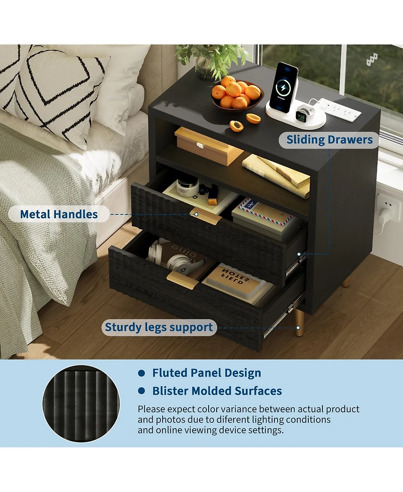 gaomon Fluted Nightstand with Led Lights, 2 Drawer Wood for Bedroom, Modern Bedside Table Storage, Mdf End Living Room