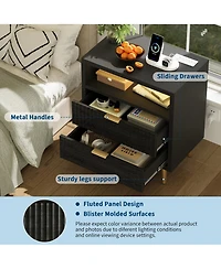 gaomon Fluted Nightstand with Led Lights, 2 Drawer Wood for Bedroom, Modern Bedside Table Storage, Mdf End Living Room