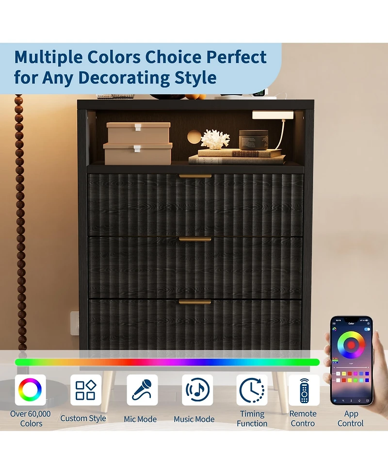gaomon Fluted 3-Drawer Dresser for Bedroom, Modern White with Built-in Led Lights and Wave Front Design, Large Storage