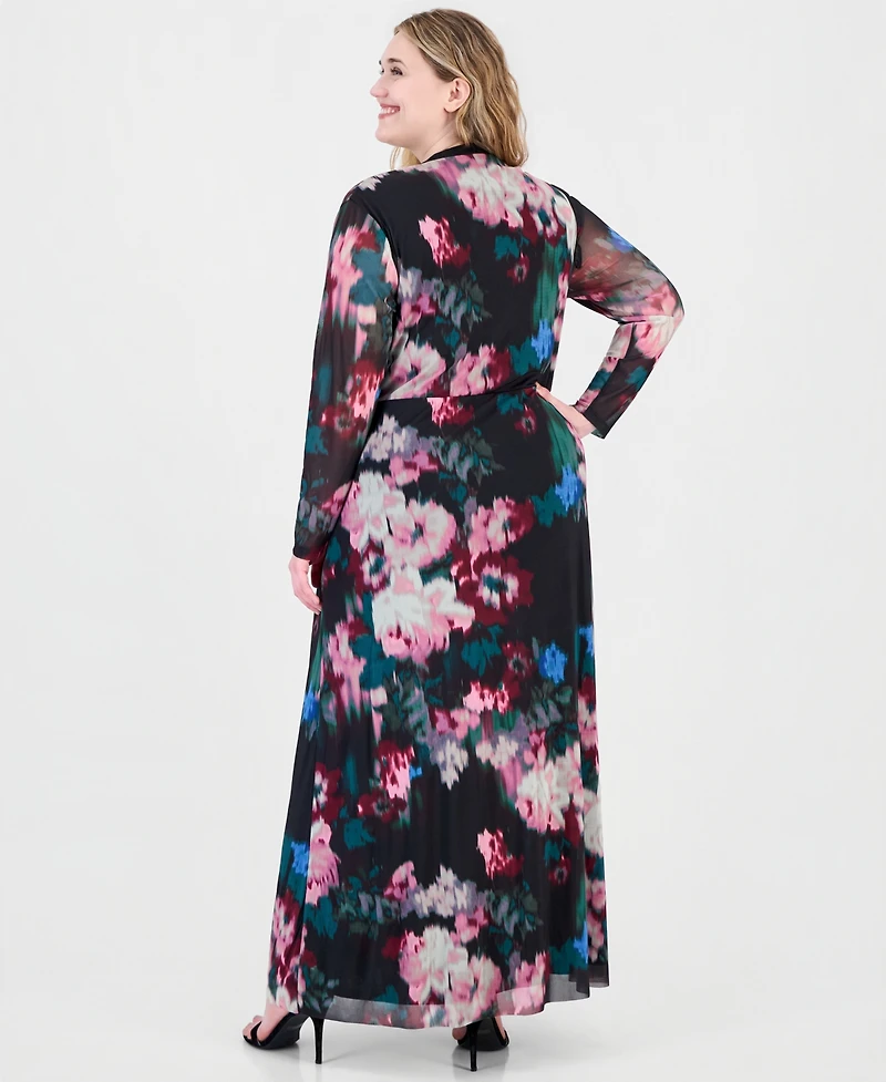 Anne Klein Plus Twist Front Floral-Print Maxi Dress