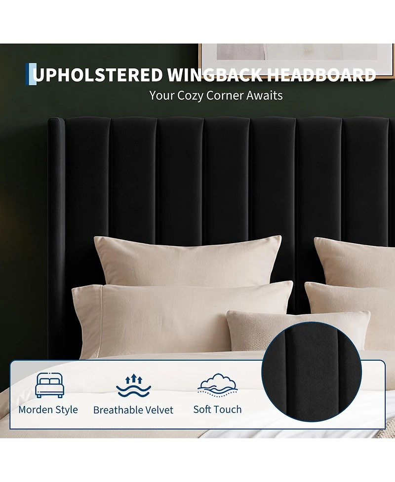 Upholstered Platform Bed Frame with 52 Inch High Vertical Channel Tufted Wingback Headboard, Wooden Slat Support