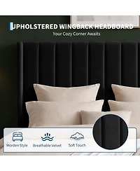 Upholstered Platform Bed Frame with 52 Inch High Vertical Channel Tufted Wingback Headboard, Wooden Slat Support