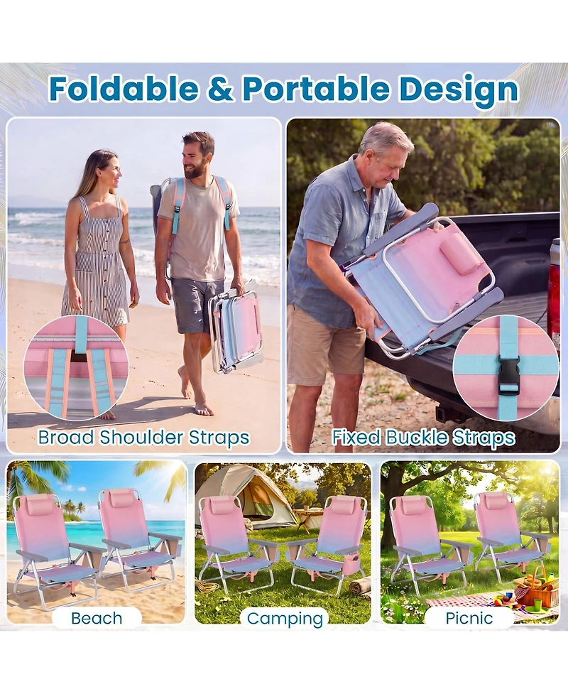 Gymax 2PCS Folding Backpack Beach Chair 5-Position Outdoor Reclining Chairs w/ Pillow